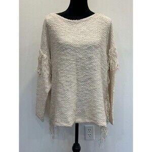 Ralph Lauren Sweater Fringe Woven Knit Cream Women L/XL